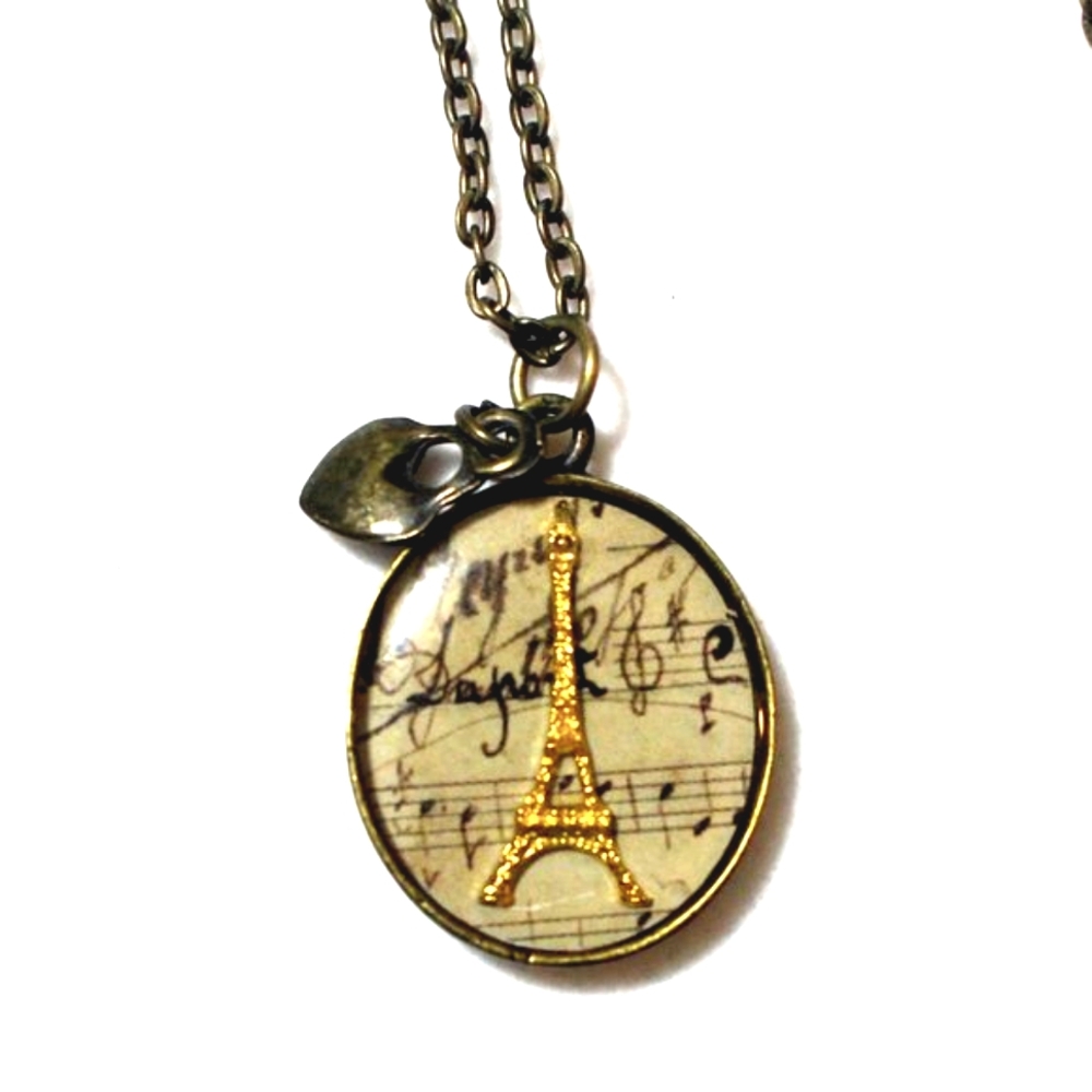 🌹y2k Paris France Brass Musical Notes Heart Locket Eiffel Tower Necklace🌹
